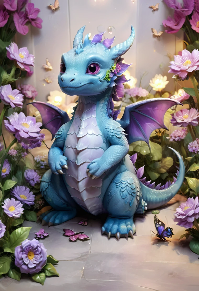 cartoon dragon sitting on the floor with butterflies and flowers, Cute little dragon, Detailed and cute digital art, adorable digital painting, a beautiful blue dragon, cute digital art, very cute purple dragon, newborn dragon, dragon in the background, cute detailed art, stuffed dragon, pokemon illustration, cute art, cute little creature, High quality 8k detailed artwork, fantasy sticker illustration