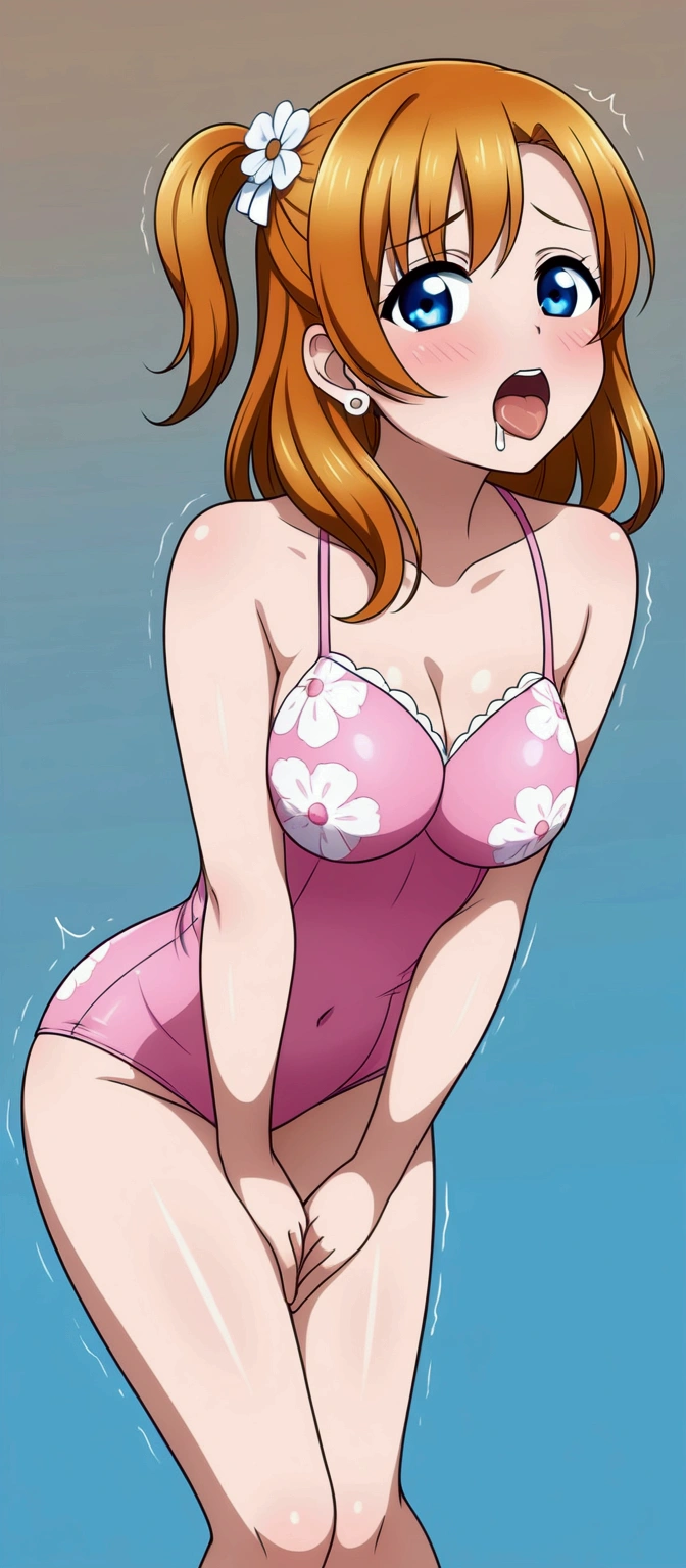 (Masterpiece, Best Quality, High Quality), professional artwork, well drawn, Intricate Details,solo,
Kousaka honoka, afternoon
, ultra detail hair, ultra detail face, perfect eyes,  earring,  Looking at Viewer, pink bodysuit , floral printed, thighs gap, orange hair , standing , sexy , moaning , blue eyes , front wedgie, embarrassed , hands between legs,v arms, shaking hips , leaning forward, drooling , tongue out,dildo in pussy 