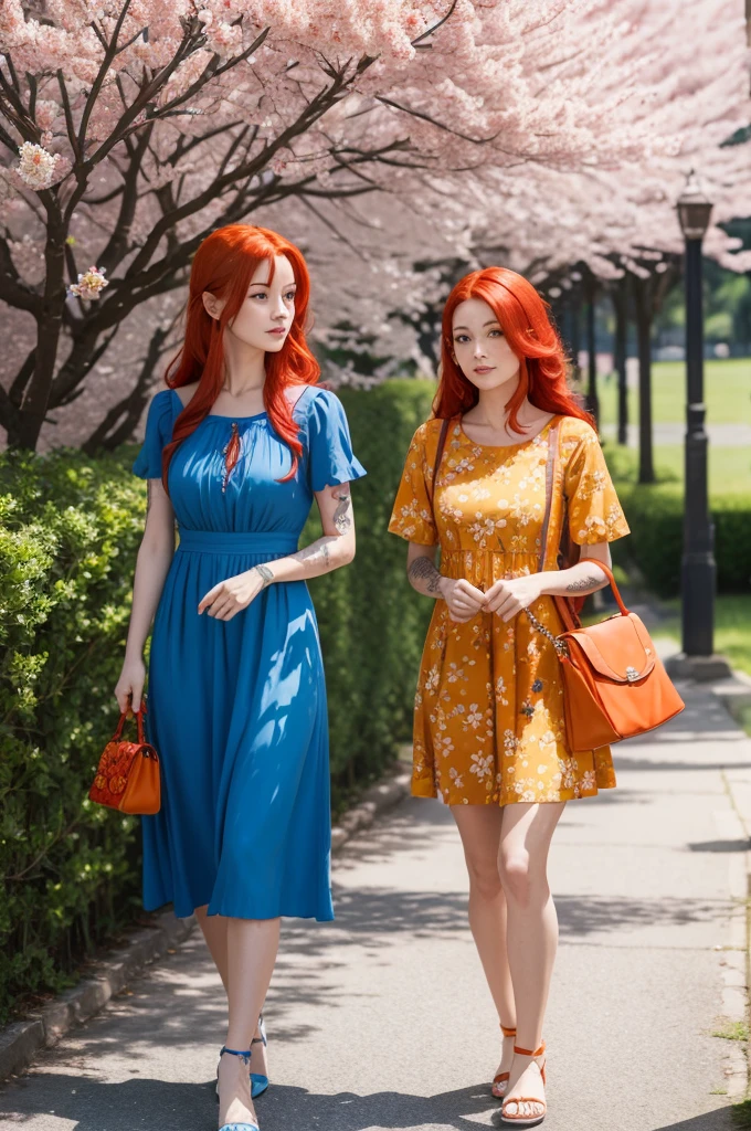 Girl, red hair, tattoos, short sleeves, long, blue dress with orange and yellow flowers, red flowered handbag, cherry trees and flowers 