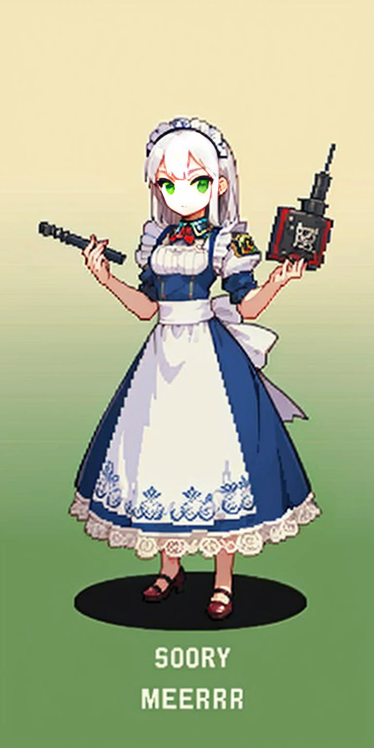(masterpiece, top quality, best quality) pixel art, 1girl, full body, white hair, green eyes, blue maid dress (Warhammer 40K Sisters of Battle style)