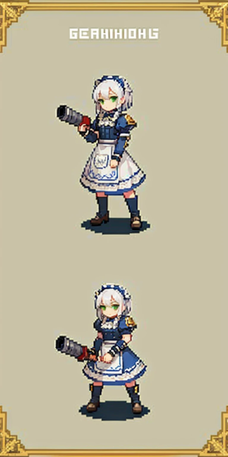 (masterpiece, top quality, best quality) pixel art, 1girl, full body, white hair, green eyes, blue maid dress (Warhammer 40K Sisters of Battle style)