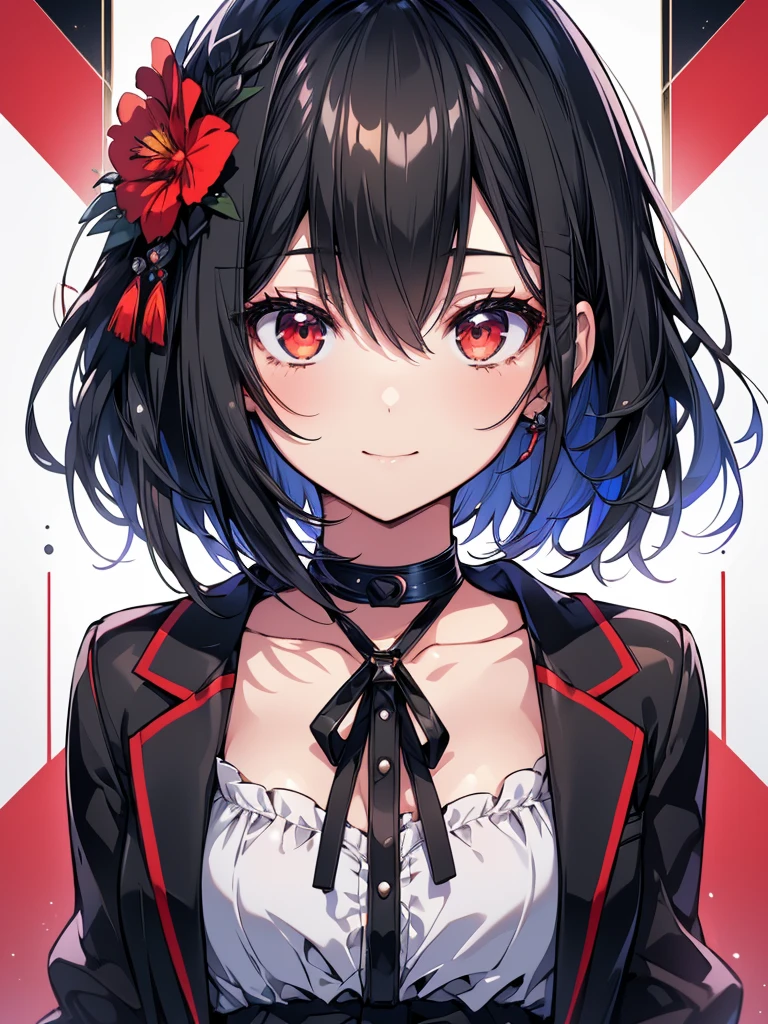 (masterpiece, highest quality, highest quality, (No text), Beautiful and aesthetic:1.2),No text,アニメ、BREAK,One Girl,Black Hair Girl short hair older sister choker Beautiful eyes Red eyes cool smile Red and Black Black jacket profile mini skirt whole body In town
