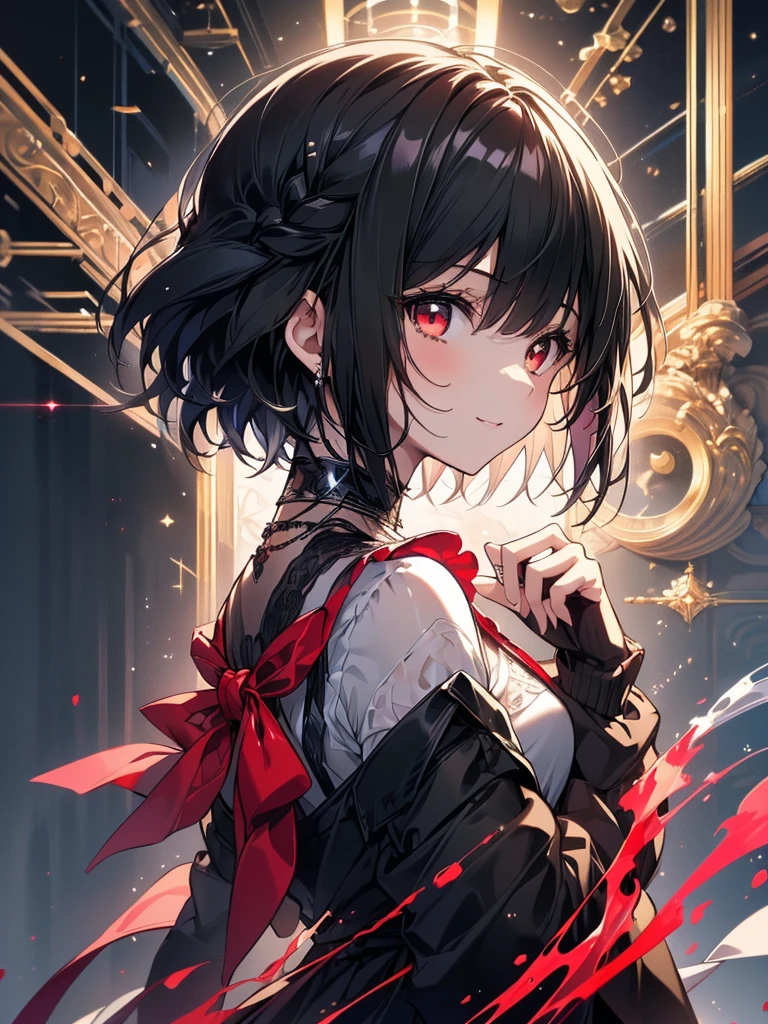 (masterpiece, highest quality, highest quality, (No text), Beautiful and aesthetic:1.2),No text,アニメ、BREAK,One Girl,Black Hair Girl short hair older sister choker Beautiful eyes Red eyes cool smile Red and Black Black jacket profile mini skirt whole body In town