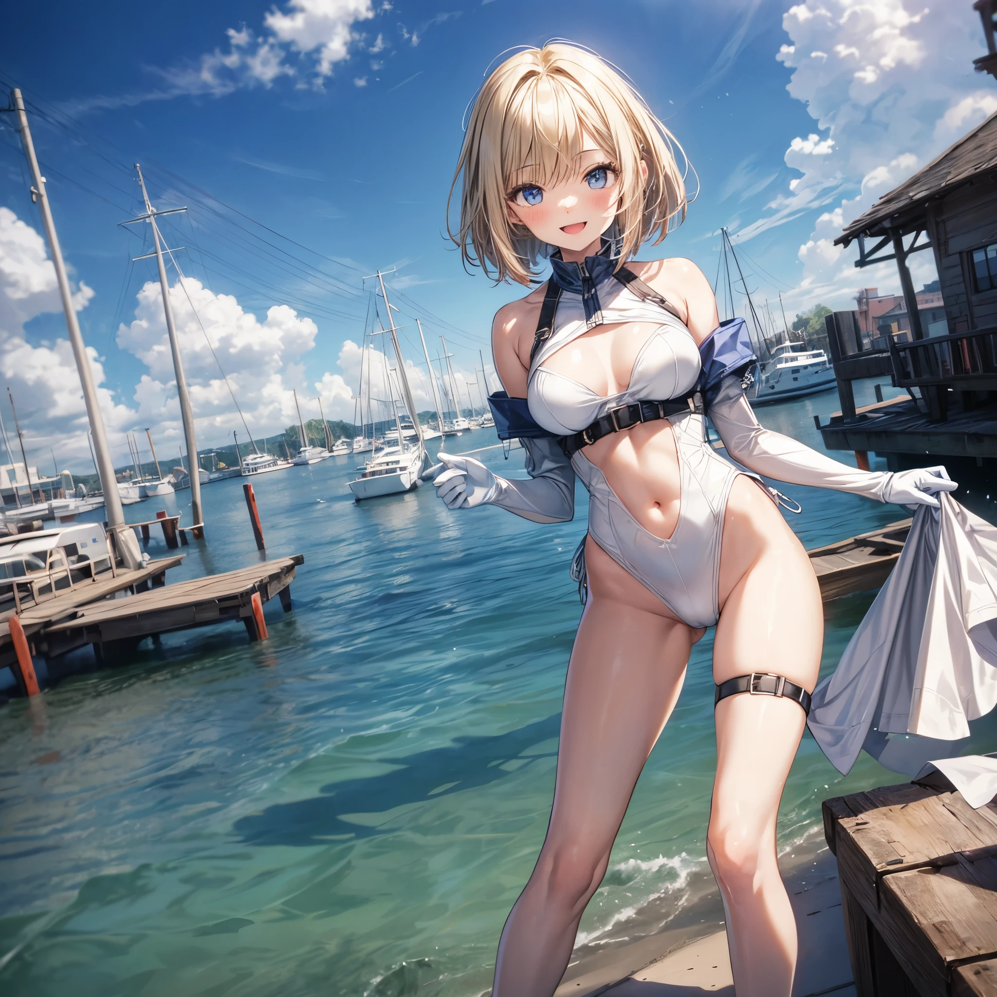 1young__ girl,blond_hair,medium_bob_hair,white_leotard,,thigh,medium_breasts,smile,open_mouth,harbor_landscape_background,apart_legs,happy,short_gloves ,solo, navel,_groin,open_legs