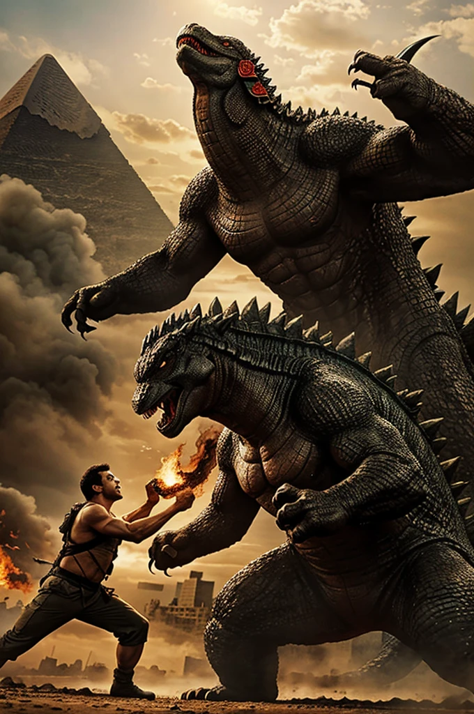 Evolved godzilla fighting fighting with kong in egypt 