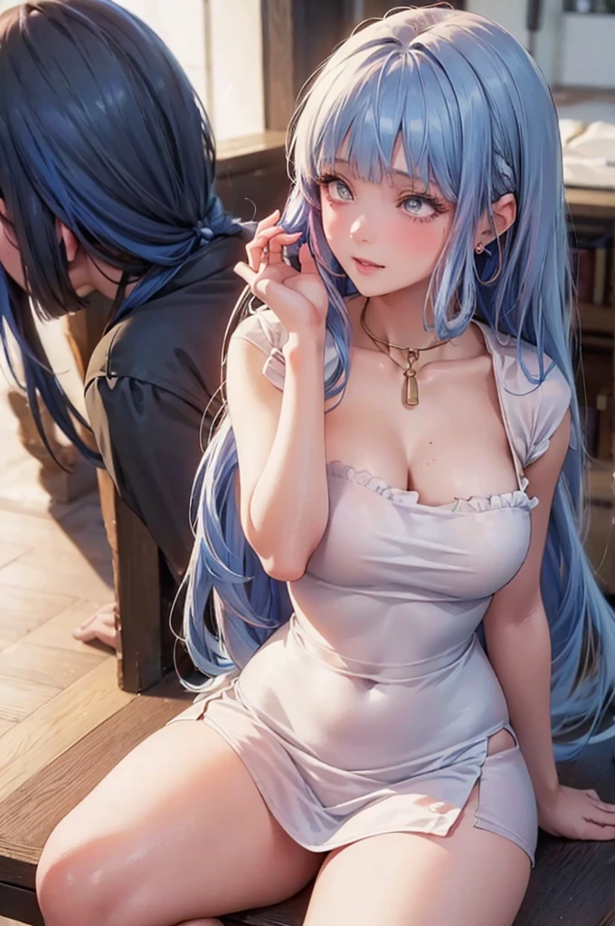 best quality, masterpiece, highly detailed,1girl, Kamisato Ayaka, , (masterpiece:1.5), Detailed Photo, Smiling, Sexy, (8K, Best Quality: 1.4), (1girl), Beautiful Face, (anime realistic Face), (Blue Hair, long Hair: 1.3), Beautiful Hairstyle, Realistic eyes, beautiful detail eyes, (white skin), beautiful skin, absurd, attractive, ultra high resolution, ultra realistic, high definition, golden ratio, (sexually aroused:1.5), Pinkish white skin, cool white light, sexy pose, Beautiful , white background, pink soft white light, Wear a black bodycon dress