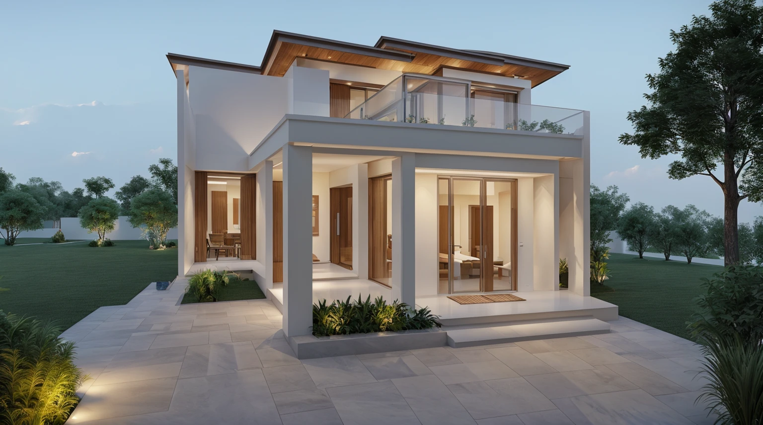 (((best quality, masterpiece))), (surreal, optical:1.2), high quality, (daylight:1.2), perfect lighting,(residential) modern house modern, main material ((wood: gray stone:0,4)), villa, modern gray house, modern, dynamic light, super light, ((light emitted from inside the house: 1.1)) , ((clear blue sky:1.3)), ((garden lights)), rock, peaceful, romantic , ((haze)), nhà trệt lửng