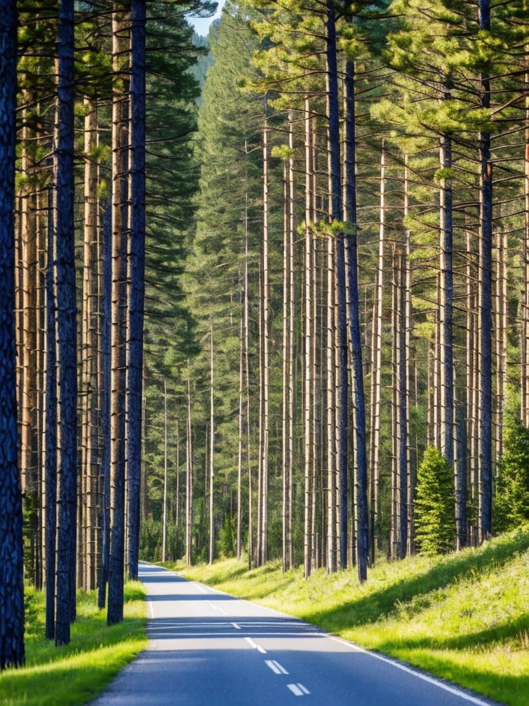 trees and grass on the side of a road near a lake, trees and pines everywhere, pine trees in the background, arrendajo in avila pinewood, beautiful swedish forest view, pine forest, caledonian forest, pine forests, in avila pinewood, by Jaakko Mattila, trees in the background, with matsu pine trees