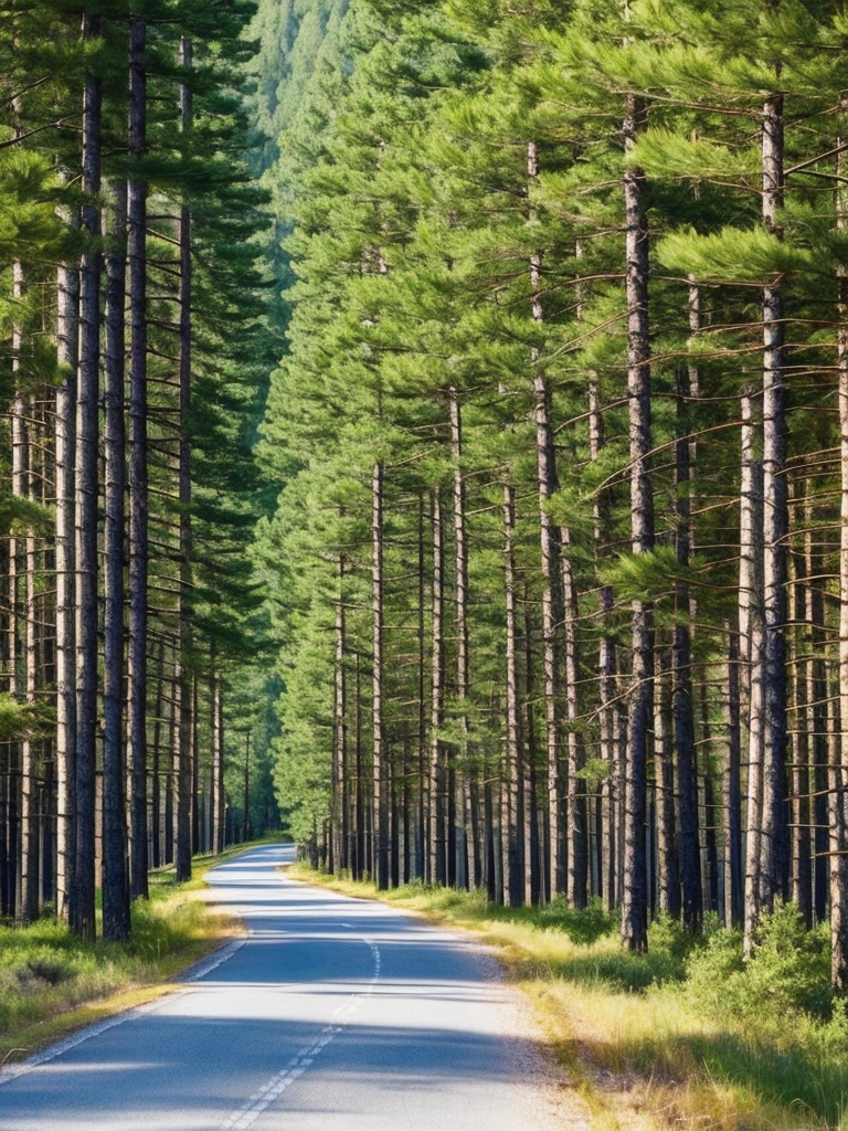 trees and grass on the side of a road near a lake, trees and pines everywhere, pine trees in the background, arrendajo in avila pinewood, beautiful swedish forest view, pine forest, caledonian forest, pine forests, in avila pinewood, by Jaakko Mattila, trees in the background, with matsu pine trees