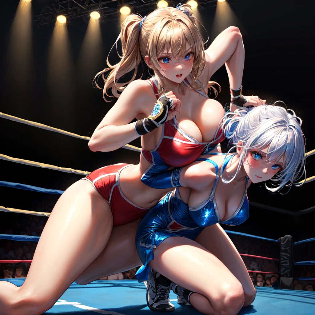 (masterpiece, best quality, ultra detailed), 2girl, wrestling, ring, fight, joint technique