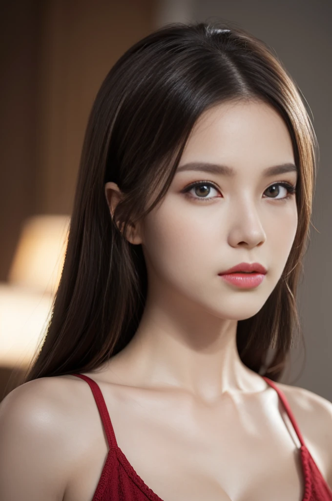 (8k, ultra high resolution, best masterpiece, Highest quality:1.2), Extremely detailed, thorough resolution, (realistic, realistic photo: 1.37), Portrait, Focus on eyes, high definition RAW photograph, professionally arrested, high definition and beautiful, UHD 8K Image photo, Volumetric Lighting, Soft Light, frank, Professional photography, highly detailed beautiful girl, Ultra detailed and delicate face, Finely defined eyes, (Extremely detailed eyes), Precise shape nose, expressive lips, fine texture skin, (HD skin:1.2), The fingers were neatly outlined, Every feature is meticulously displayed, one story, (20:1.2), Twenty generations, cute girl, Brown hair, Long straight hair, shiny amber eyes, Red lips, , perfect anatomy, HD background is not blurred, particle, realistic, Amazing details, 8k Ultra HD, high quality, CG unity, C4D render, 3D rendering