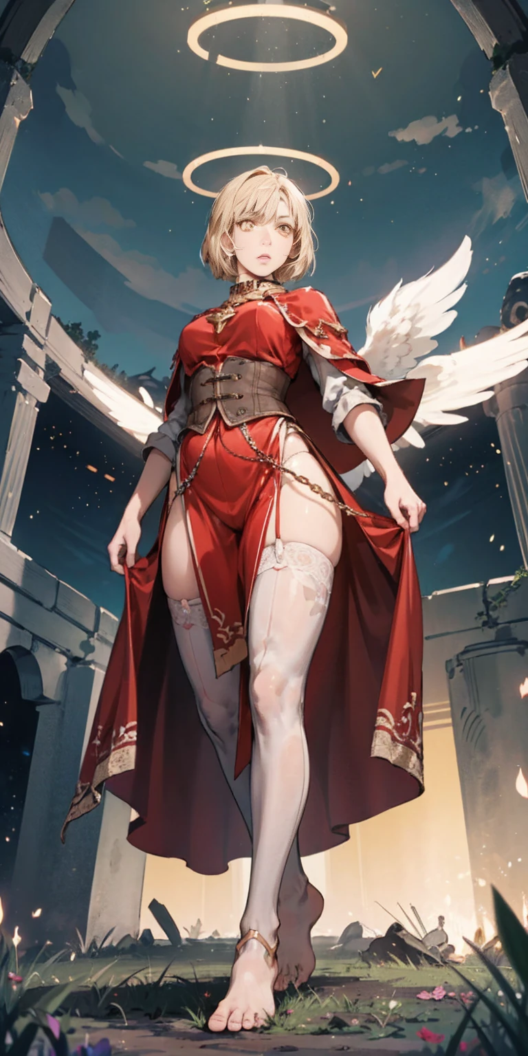 Tiffany Towers, low angle, from below, paladin templar lady in white tabard, legwear, glowing yellow eyes, collar, golden chainmail, wide hips, barefoot, angel wings, pauldrons, halo, bob cut, blonde, eye focus, red cape, temple indoors, decorations, stained glass windows, night, particles, chromatic aberration, detailed, cinematic, dark scene, fantasy