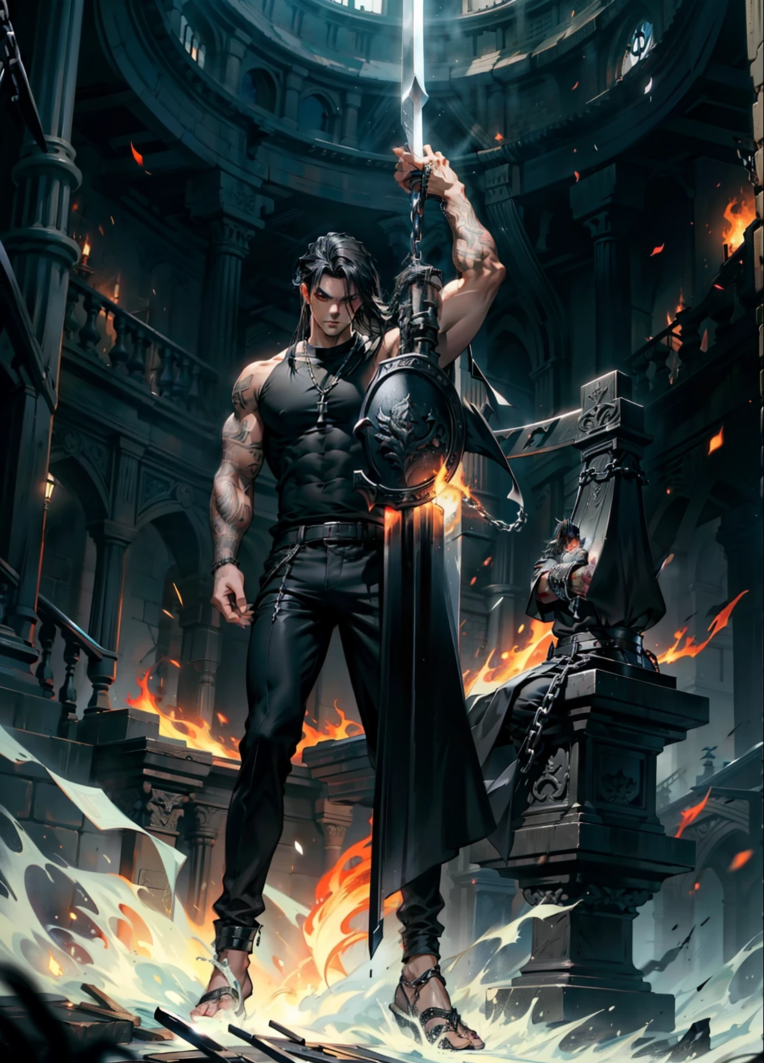 boys 26 Years old, Serious face, muscular, black hair, flowing hair, wearing ((black shirt)), sleeveless, black trousers, holding sword, flames, chains, giant sword