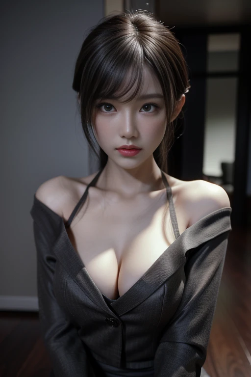 game art，Best picture quality，highest resolution，8ก，(chest photograph)，(Portrait)，(chest:1.5)，(head close up:1.1)，(Third rule)，Unreal Engine 5 rendering works，
20 year old female secretary,（short gray hair）,(chestเต็ม),delicate makeup,(By wearing an off-the-shoulder outfit.,Suit shirt)，An arrogant expression，elegant，Modern woman in the workplace，
Posing for pictures，simple background，movie lights，Ray Tracing，CG game，((Real 3D engine))，OC rendering format