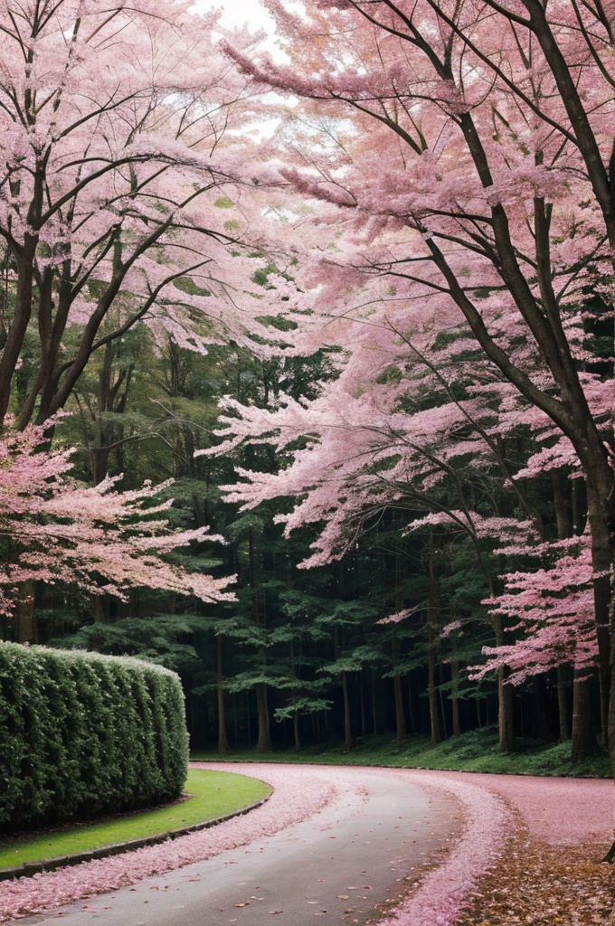 A giant forest and wall with pink trees
