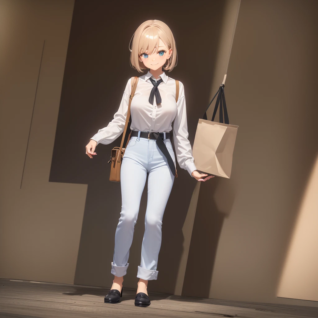 (8k, CRU photo, best qualityer, work of art:1.2), (realisitic, photo-realisitic:1.37), ultra detali,
1 girl,cute, standing alone,beautiful detailed sky,detailed coffee,natta,sitting down,falling in love,(Blushing Nose),(ssmile:1.1),(cloused mouth),breasts big, seductive ssmile, big apartment, professional lighting, Sony A7R4, Zessie 50mm F1.8,, holding bag in front of waist:1.5,mole under the eye:1.2 medium breasts,beautiful detailed eyes,(white sexy blouse:1.1), butterfly necktie, jeans,(shorth hair:1.2),floating hair