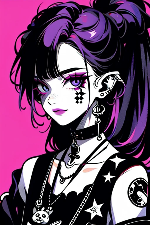 (Masterpiece:1.2, Best quality), (real photo, Intricate details), (1lady, solo, Upper body, small breast) ，all body，clothes：advance guard，advance guard，Experiment with appearance：purple hair, long ponytail, long bangs, forehead showing, wearing grasses, smiling a little, cool vibes，Dramatic makeup，Unconventional fashion choice behavior：rebel、Not conformist、Provocation location：Urban Arts District、Underground music venues Hobbies：Take part in a punk show、Create mixed media art、Try different subcultural values：personality、authentic、Creative expression of inspiration：Punk rock music、Counterculture icons，Avant-garde art movement character traits：daring、daring、act outside the box。