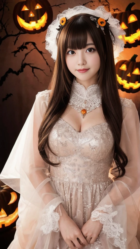 (upper body photo:1.75),a 26 year old japanese girl, detailed face, beautiful detailed eyes, beautiful charming smile, extremely detailed face, (cute, anime style, halloween party:1.5), colorful lights, pumpkin decorations, haunted house, fog, spooky atmosphere, (best quality, 4k, highres, masterpiece:1.2), realistic, photorealistic, photo-realistic, vivid colors, intricate details, fantasy, soft lighting, magical