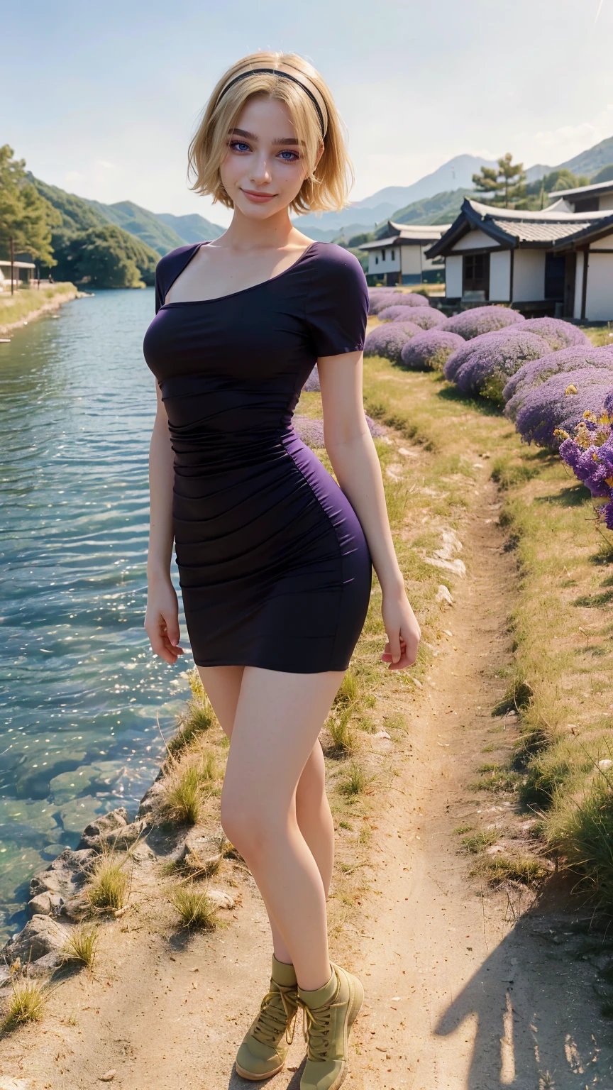 1 woman, adult woman, woman in her 30s, tarankaaa, NOT DASHA TARAN, full body standing, the photography allows viewer to see her amazing figure from head to feet, perfect body, best quality, 32k, photograph, full body (head to toe), tone mapping, ((houjou satoko,short hair,blonde hair,violet eyes,hair between eyes)),((black hairband,olive drab dress,one piece dress, tight dress, the down part of the dress is so short that almost all of her legs can be viewed, short sleeves,small breasts,athletic, skinny, detailed hips and waist)), asian-european, ((golden blonde hair, short hair, purple eyes)) perfectly drawn hands, ((masterpiece)), ((highres)), ((detailed background)), japanese village background, next to a river, (big proportions), beautiful smile, ((perfect eyes, detailed eyes, realistic eyes)), ((sharp face, detailed face, realistic face, natural skin, realistic skin, detailed skin, pores)), (straight legs, POV, feets are together, straight position, straight body position)
