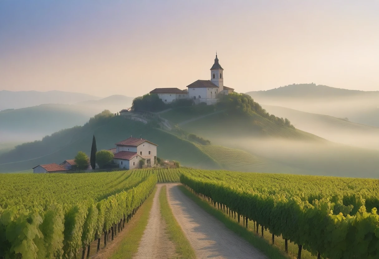 k Best picture quality, Beautiful 36-year-old Korean woman, Chest size 34 inches, northern italy countryside dawn, View of the cathedral next to the vineyards, The back background is realistic and vivid quality., short medium hair, white shirt and cardigan, Wear casual pants, Smile slightly. the background is clear, look up to the side. cottonwood tree-lined hill, I walk down a path with a curved end.. Looking at the vineyard covered in thick fog,