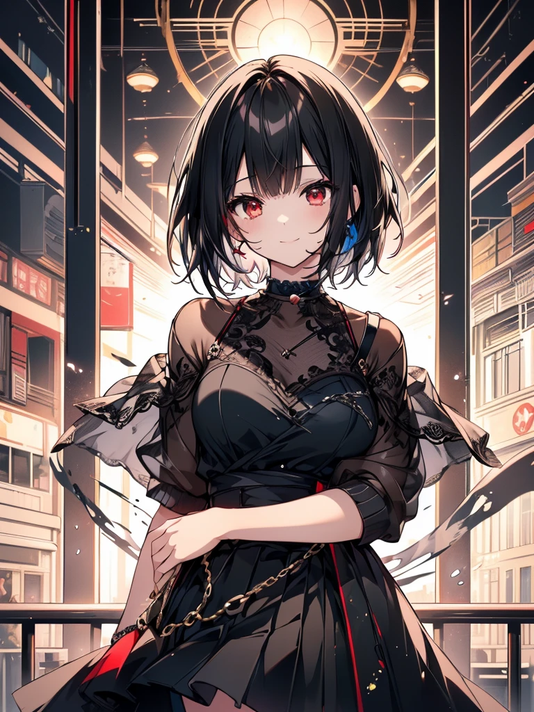 (masterpiece, highest quality, highest quality, (No text), Beautiful and aesthetic:1.2),No text,アニメ、BREAK,One Girl,Black Hair Girl short hair older sister choker Beautiful eyes Red eyes cool smile Red and Black Black jacket mini skirt whole body In town