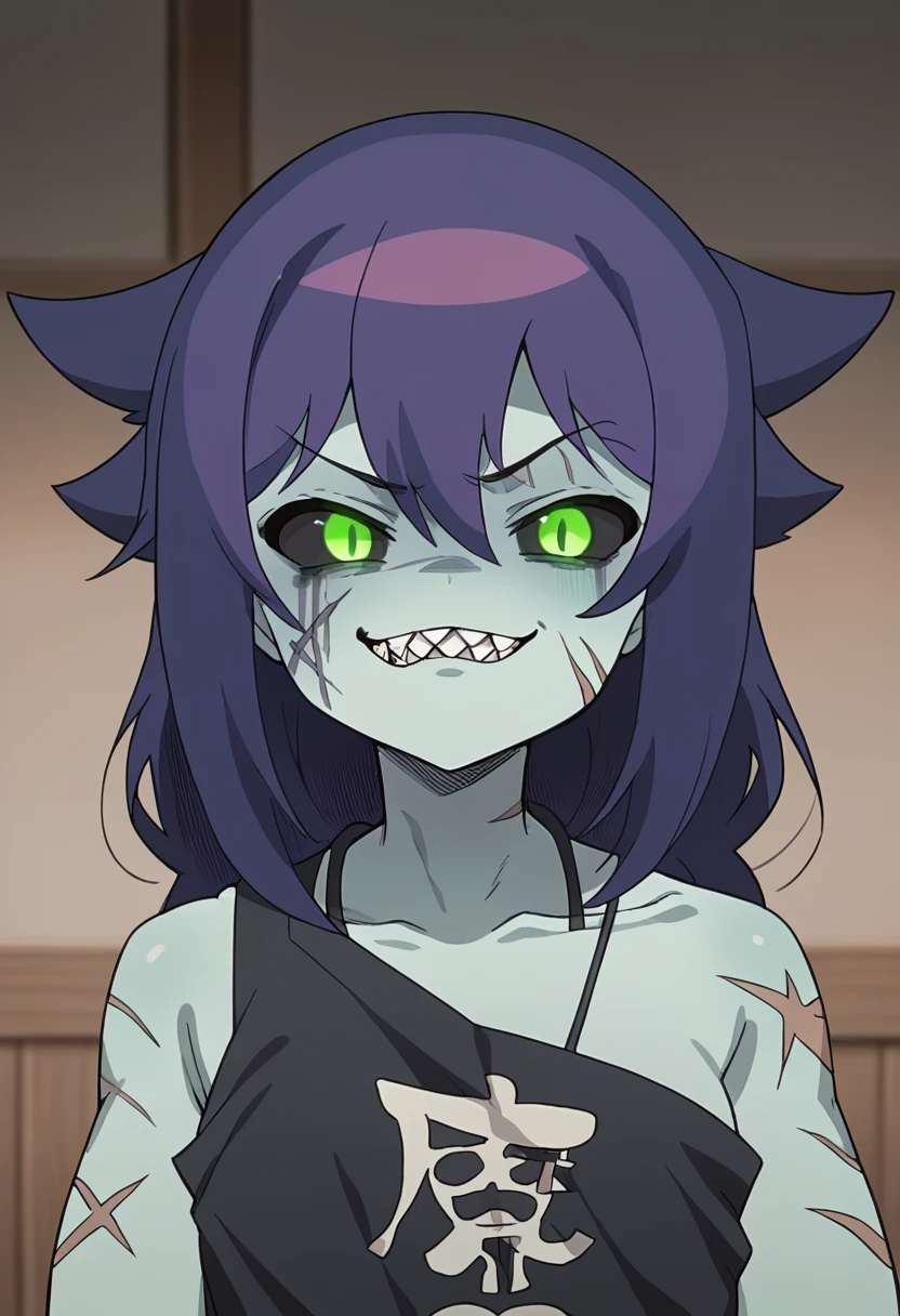 Anime zombie undead girl, slitched face, scars an face, black sclera, shark teeth, glowing eyes, smug face, vile, pale green-ish decayed skin, black tank top, eletric colar, cute