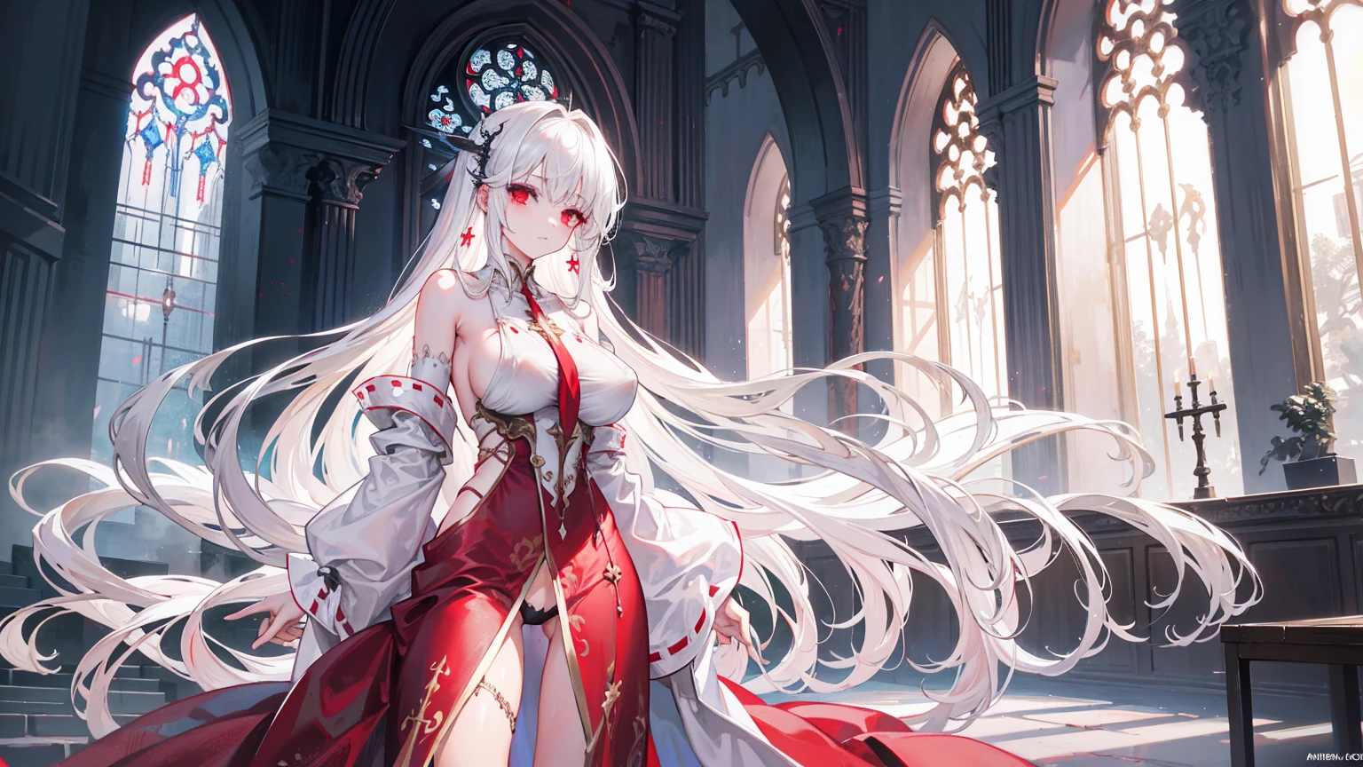 Long white hair,Red eyes,Sexy Sheer Colonial Dress, Perfect body, Clear chest, Well-defined collarbone, Surreal, lifelike, detailed, Perky transparent nipples, Wet clothes(whole body:1.1),cross,Holy,best quality,Large Breasts,Big Ass,No underwear。Gorgeous church background with extreme details