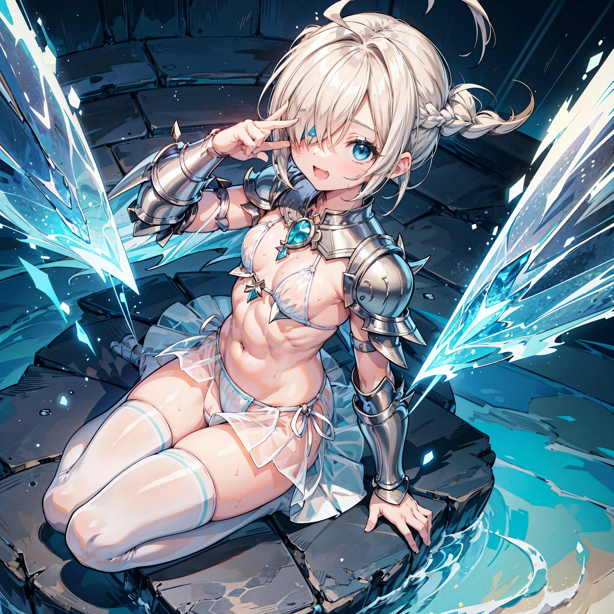 (masterpiece:1.2), (highest quality:1.2), perfect eyes, perfect face, perfect lighting, middle ages, room, 1 boy,blonde aqua eye, ((((((hair over one eye,)))))), Braidスタイル, spike hair, dull bangs, bob hair, Braid, Ahoge, robe ((((Transparent white bikini armor)))), Thighhighs, skirt, cute eyes, Medium chest, bright, ((From above)), open your mouth, vivid description,orgasm, I was scared, ((abs)) Ahegao, smile+Happy, tooth, anger, sitting,From the side,wet,sweat,