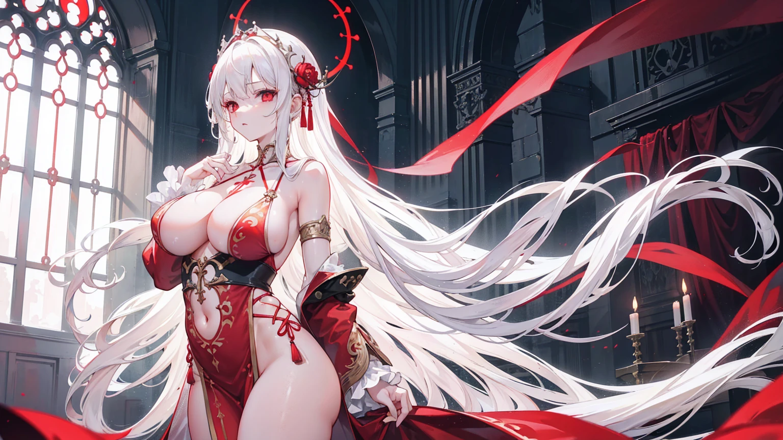 Long white hair,Red eyes,Sexy Sheer Colonial Dress, Perfect body, Clear chest, Well-defined collarbone, Surreal, lifelike, detailed, Perky transparent nipples, Wet clothes(whole body:1.1),cross,Holy,best quality,Large Breasts,Big Ass,No underwear。Gorgeous church background with extreme details
