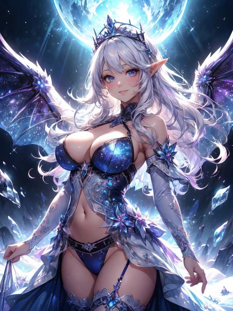 最high quality、1 woman elf facing forward、Succubus、(( cowboy shot ))((underwear))'((low angle1.5 ))、beautiful瞳、decision、sorrow、tears、、beautiful装飾、brassiere、panty、Big ice tiara、Swirling Ice、Crystal of snow、A world made of ice、最high quality , fractal art.Ice Throne、ice World、bikini、beautiful胸、Large Breasts ((Laugh beautifully、))((Glowing ice ))SMqueen、beautiful顔、Orgasm、Ecstasy、全身beautiful装飾の下着、World of Illusions、Ice crystals、Crystal of snow、Ice wall、ice World、Bigger on the front、 beautiful輝き,High-definition depiction, Realistic, 8k, Unity, beautiful太もも,,Giant Devil's Wings、虹colorに輝く翼、、 light smile, Beautifully and vividly drawn, , beautiful beautiful透き通る肌、輝くbeautiful装飾の魔法、、beautiful装飾、 , beautiful、 Romanticism,mosquito。 混沌の最もbeautiful形, Mr..々color, Intertwined flowers, P article,Magical gentle light,smile,,image quality、masterpiece、beautiful顔、Super beautiful elf woman((Big breasted 22 year old office lady、Bust 120,Beautiful long ironed hair、Silver Hair、height: 165cm。、Esbian、、high quality、、Visual Arts、最high quality、1 womanエルフ NP: Worst quality ,beautiful fractal art 、frozen、、light、Beautiful radiance,High-definition depiction, Realistic, 8k, Unity, , light smile, Beautifully and vividly drawn, , Beautiful, beautiful, clear skin、 Countless rays of light pouring down, Swirling Light, big background, , Intense light is emitted from the magic circle in front of the girl. Romanticism,Cowboy Shot: 最high quality snow palace
