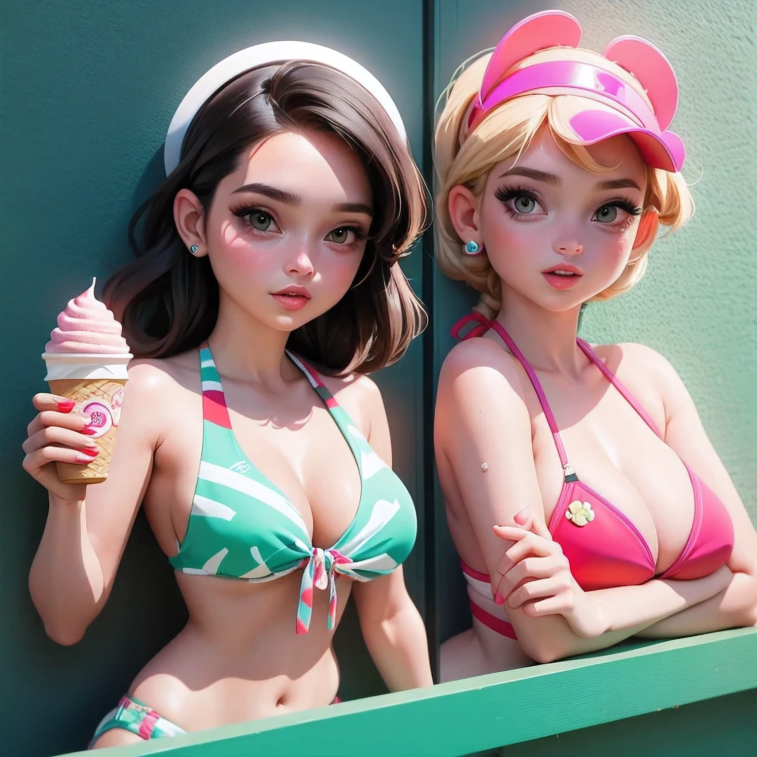 Realistic,2 girls,ice cream licking,bikini
