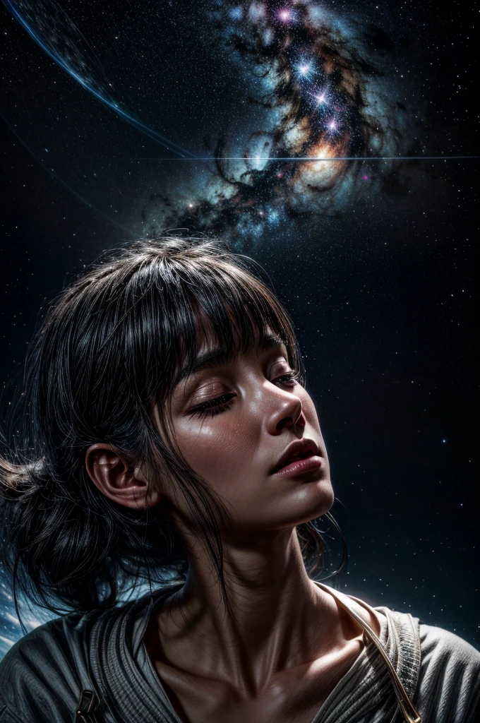 a cabin in space, black haired person sleeping, spiritual projection, spiritual dimension, aura energy, celestial light, person flying in the starry sky, universe, light golden, (best quality,4k,8k,highres,masterpiece:1.2),ultra-detailed,(realistic,photorealistic,photo-realistic:1.37),concept art,dramatic lighting,ethereal,cinematic,mystical,glowing aura,cosmic,surreal,intricate details,ambient occlusion,volumetric lighting