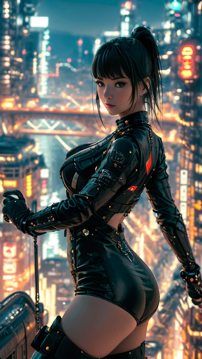 (ultra-detailed, masterpiece:1.2), extremely detailed artwork, best quality, high-resolution, hyper-realistic:1.37, attractive girl, breathtaking leap, background cityscape, realistic lighting, vibrant colors, elegant dress, flowing hair, graceful posture, mesmerizing expression, captivating eyes, delicate facial features, dynamic movement, bustling streets, towering skyscrapers, busy traffic, glowing neon signs, vibrant city life, breathtaking urban scenery, intricate architectural details, vivid city lights, bustling city ambiance, bustling streets, modern cityscape, urban energy