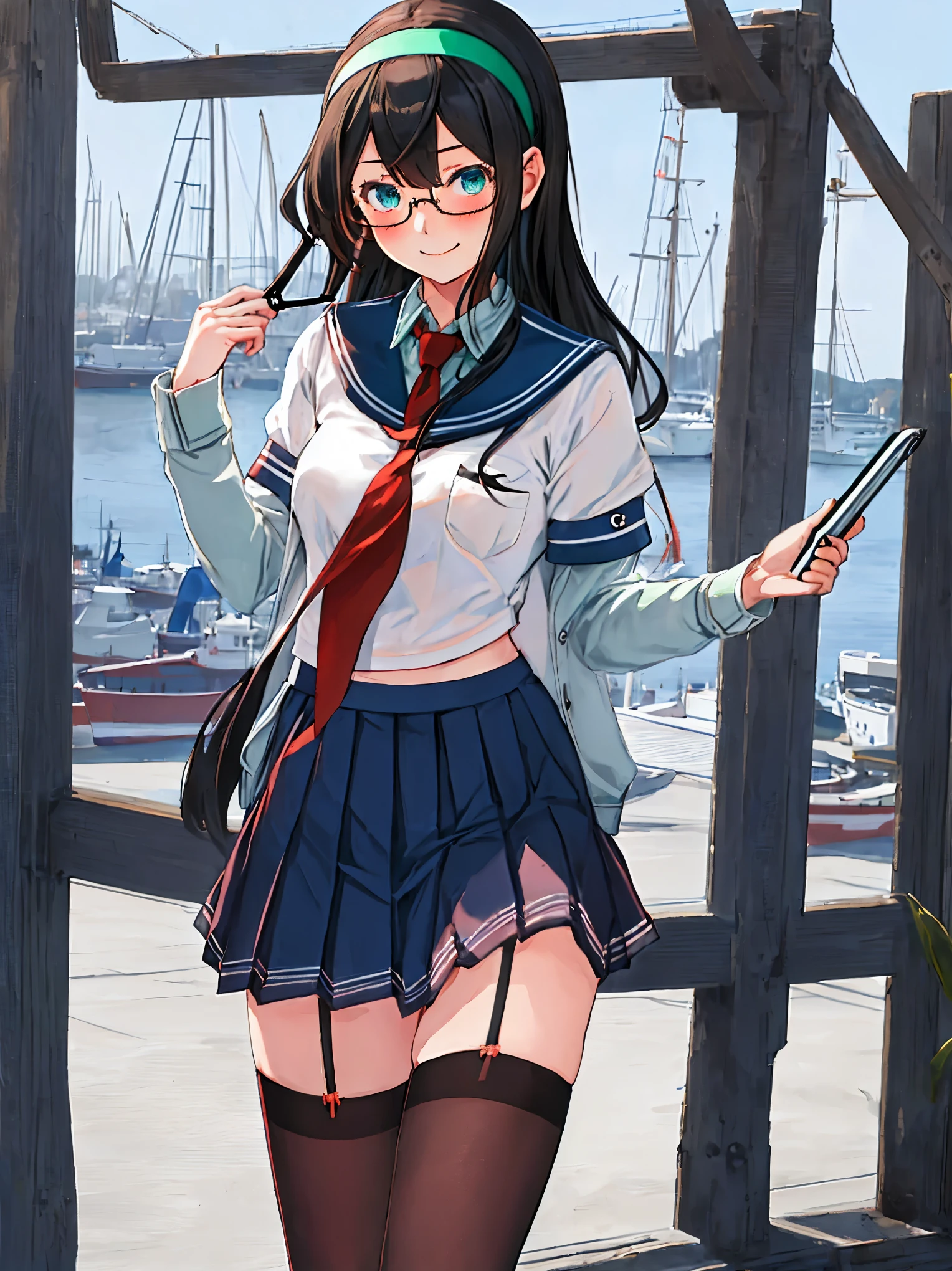 best quality, masterpiece, highres, solo, {ooyodo_kantaicollection:1.15}, black_hair, long_hair, glasses, hairband, semi-rimless_eyewear, under-rim_eyewear, blue_eyes, green_eyes, blush,small_breasts, 1girl, school_uniform, serafuku, pleats_skirt, looking_at_viewer, necktie, harbor_town_background, red_necktie,(angry:0.7),smile,,thigh-highs,,selfie