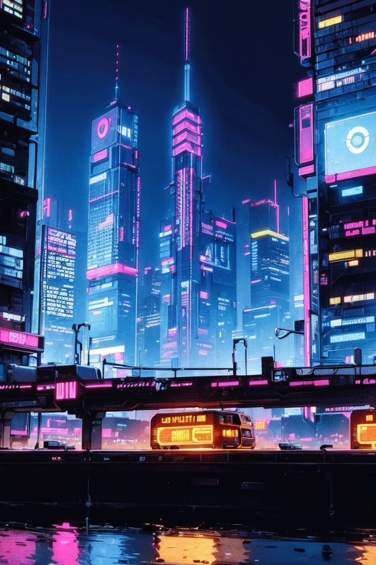 ((Cyberpunk future)), image of the center of a cyberpunk city, surrounded by buildings with a river in the middle, ferry in the city, yellow ferry, point crossing the city, advertising signs everywhere, retro future