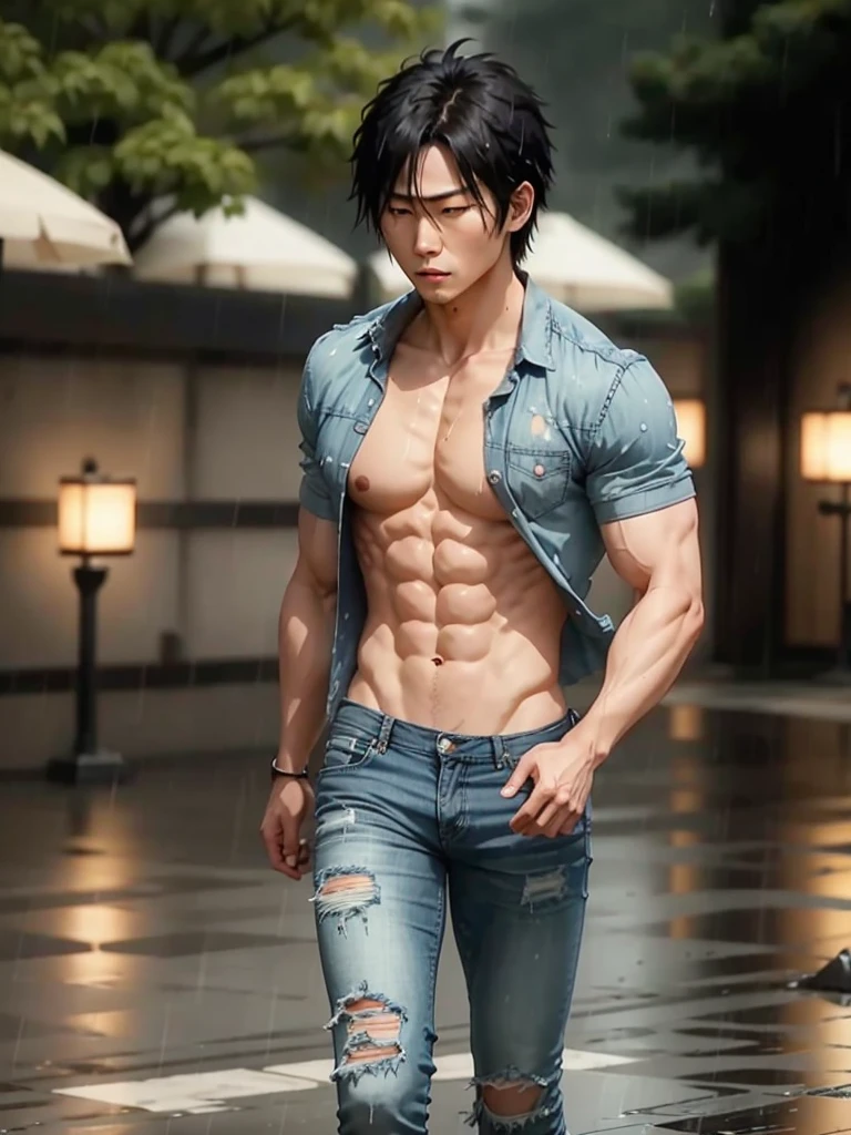 Korusaki Ichigo with a muscular body while walking in the rain wearing jeans