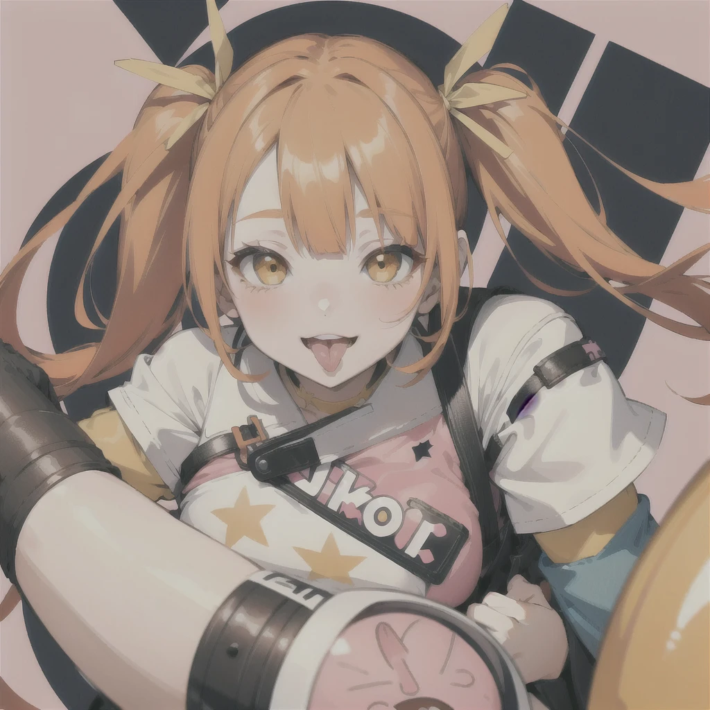 One girl, masterpiece, Short pigtails, bangs, Orange Hair, Two Side Up, Heavy makeup, Sticking out tongue, Round eyes, Zoom Layer, Yellow star hair accessory, Illustration, Cancerをイメージした女の子,The background is a solid pink color,Cancer,smile, Naughty face, 