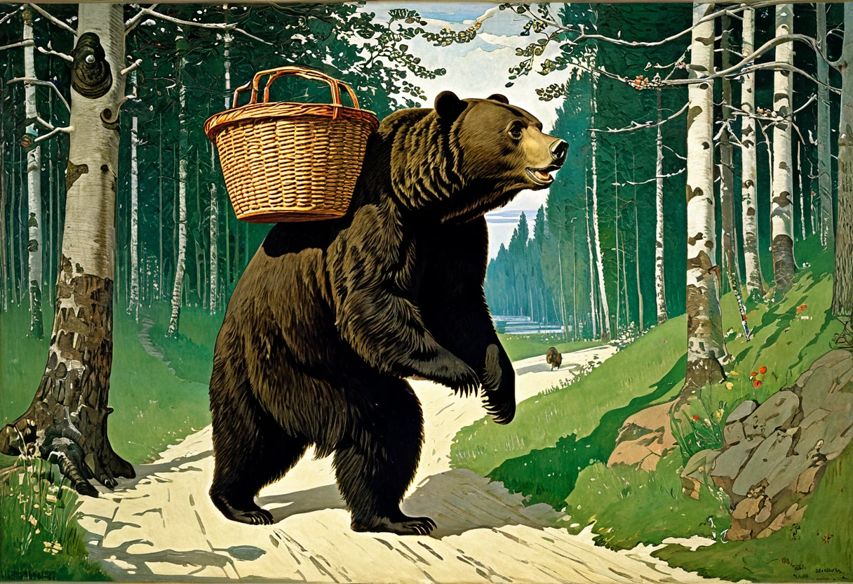 The bear carries a basket on his back, a looks out of the basket, Viktor Vasnetsov, Apollinariy Vasnetsov, Vasnetsov, Mikhail Nesterov, Ivan Bilibin, Russian folk tale, Alexander Ivanov, Ilya Glazunov, based on Viktor Vasnetsov, Wilhelm Bissen, Julius Klinger.