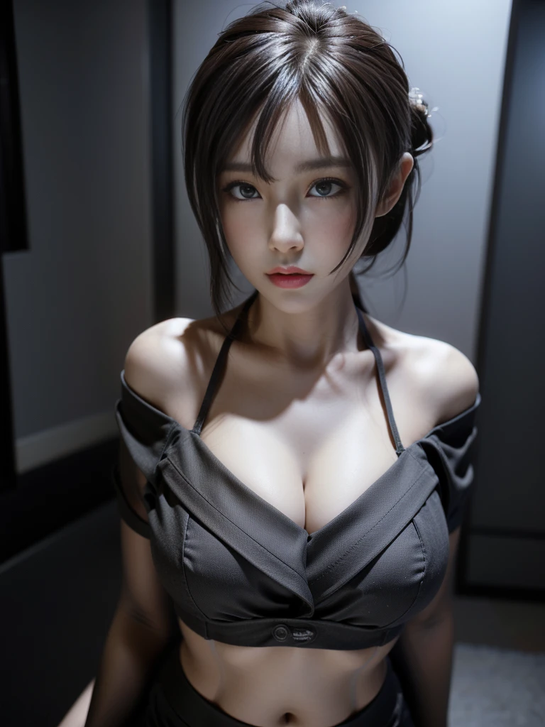 game art，Best picture quality，highest resolution，8ก，(chest photograph)，(Portrait)，(chest:1.5)，(head close up:1.1)，(Third rule)，Unreal Engine 5 rendering works，
20 year old female secretary,（short gray hair）,(chestเต็ม),delicate makeup,(By wearing an off-the-shoulder outfit.,Suit shirt)，An arrogant expression，elegant，Modern woman in the workplace，
Posing for pictures，simple background，movie lights，Ray Tracing，CG game，((Real 3D engine))，OC rendering format