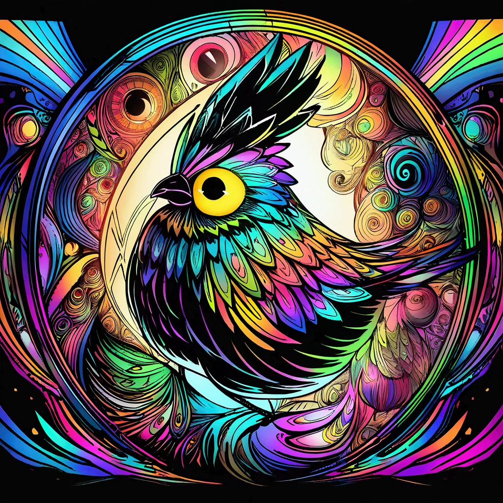 A dazzling, lively, award-winning masterpiece of a Hen with chicks pecking at the ground., black nose, And excessive detail, Psychedelic style. Artline style black and white. Unleash your creativity with the golden ratio, And watch the magic come to life in 4K resolution, Professional cinematic image