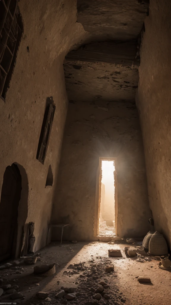 3d render of ancient middle east house, abandoned, dramatic color grade, (half buried),broken, old, accurate color grading, rvb, Sony A7 III, Sigma Art 85 mm f/1,4 DG HSM, perfect, subsurface scattering, unreal engine, dusty sun light, dystopian world