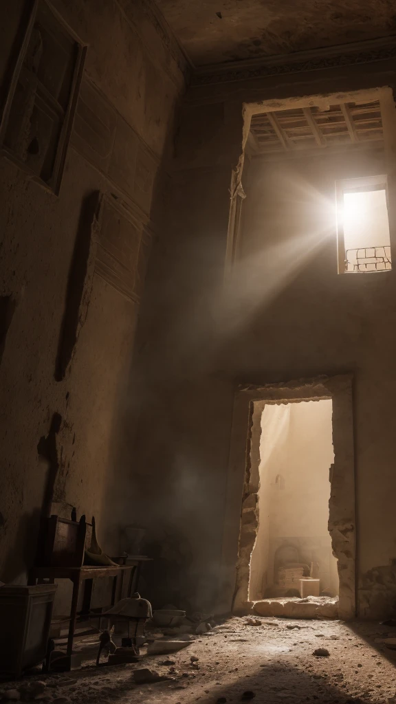 3d render of ancient middle east house, abandoned, dramatic color grade, (half buried),broken, old, accurate color grading, rvb, Sony A7 III, Sigma Art 85 mm f/1,4 DG HSM, perfect, subsurface scattering, unreal engine, dusty sun light, dystopian world