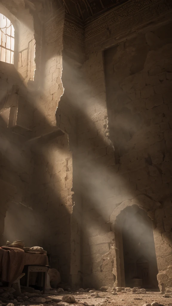 3d render of ancient middle east house, abandoned, dramatic color grade, (half buried),broken, old, accurate color grading, rvb, Sony A7 III, Sigma Art 85 mm f/1,4 DG HSM, perfect, subsurface scattering, unreal engine, dusty sun light, dystopian world