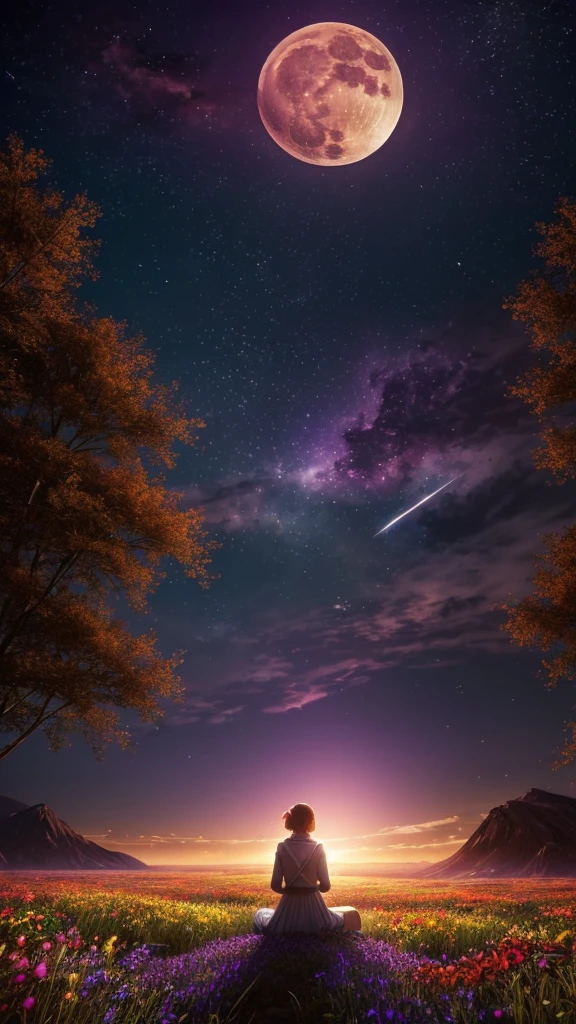 A wide landscape photo, (viewed from below, the sky is above, and the open field is below), an anime girl sitting on colorful flowers field looking up, (full moon: 1.2), (meteor: 0.9), (nebula: 1.3), distant mountains , shooting stars, Trees BREAK Crafting Art, (Warm Light: 1.2), (Firefly: 1.2), Lights, Lots of Purple and Orange, Intricate Details, colorful palette,Volumetric Lighting BREAK (Masterpiece: 1.2), (Best Quality), 4k, Ultra Detailed, (Dynamic Composition: 1.4), Rich in Detail and Color, (Rainbow Color: 1.2), (Glow, Atmospheric Lighting), Dreamy, Magical, (Solo: 1.2),