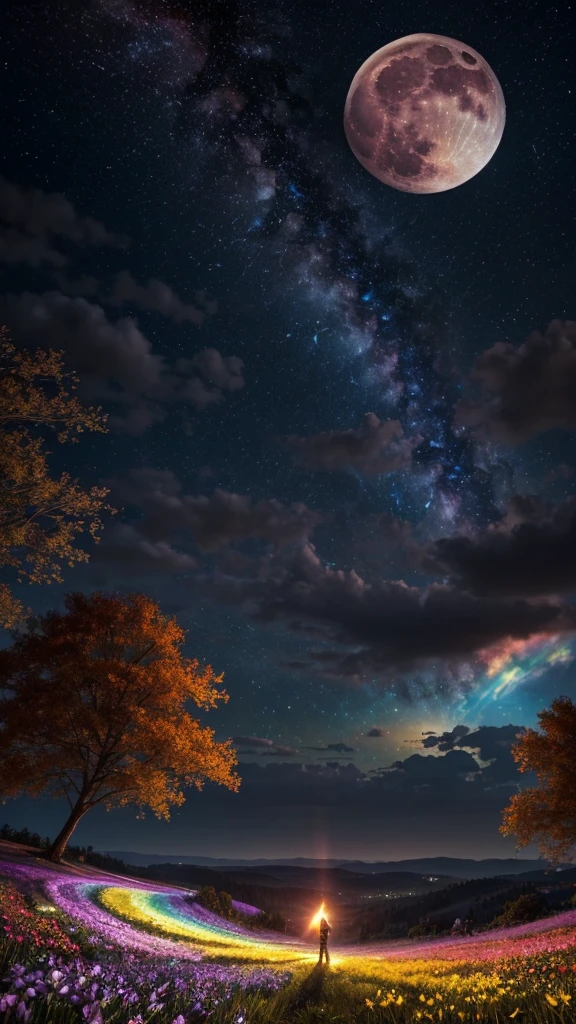 A wide landscape photo, (viewed from below, the sky is above, and the open field is below), an anime girl sitting on colorful flowers field looking up, (full moon: 1.2), (meteor: 0.9), (nebula: 1.3), distant mountains , shooting stars, Trees BREAK Crafting Art, (Warm Light: 1.2), (Firefly: 1.2), Lights, Lots of Purple and Orange, Intricate Details, colorful palette,Volumetric Lighting BREAK (Masterpiece: 1.2), (Best Quality), 4k, Ultra Detailed, (Dynamic Composition: 1.4), Rich in Detail and Color, (Rainbow Color: 1.2), (Glow, Atmospheric Lighting), Dreamy, Magical, (Solo: 1.2),