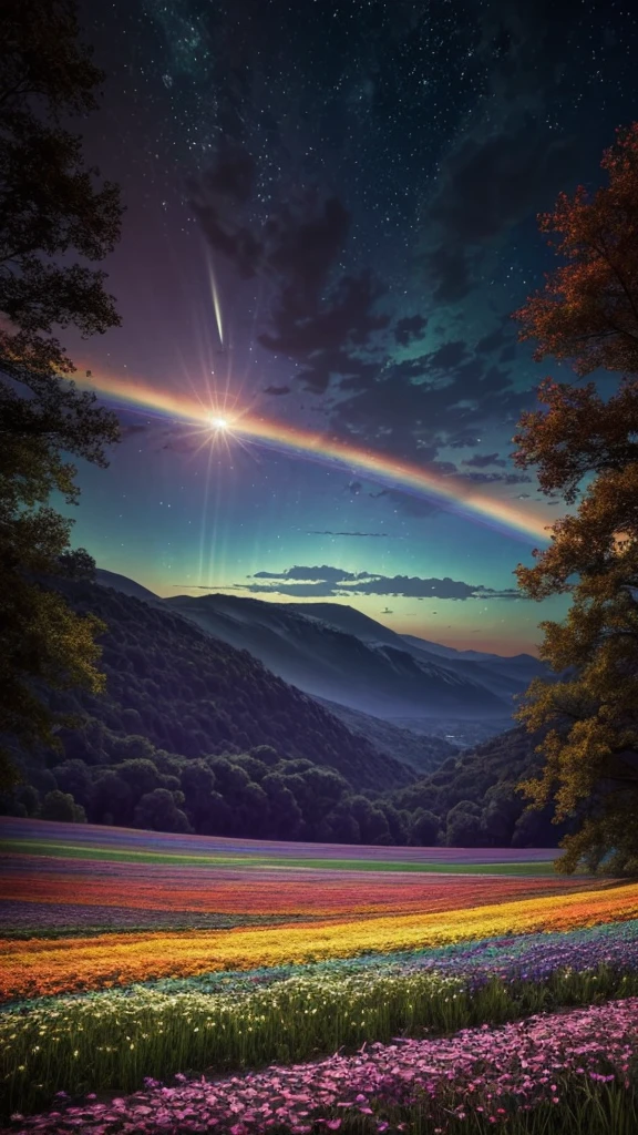 A wide landscape photo, (viewed from below, the sky is above, and the open field is below), an anime girl sitting on colorful flowers field looking up, (full moon: 1.2), (meteor: 0.9), (nebula: 1.3), distant mountains , shooting stars, Trees BREAK Crafting Art, (Warm Light: 1.2), (Firefly: 1.2), Lights, Lots of Purple and Orange, Intricate Details, colorful palette,Volumetric Lighting BREAK (Masterpiece: 1.2), (Best Quality), 4k, Ultra Detailed, (Dynamic Composition: 1.4), Rich in Detail and Color, (Rainbow Color: 1.2), (Glow, Atmospheric Lighting), Dreamy, Magical, (Solo: 1.2),