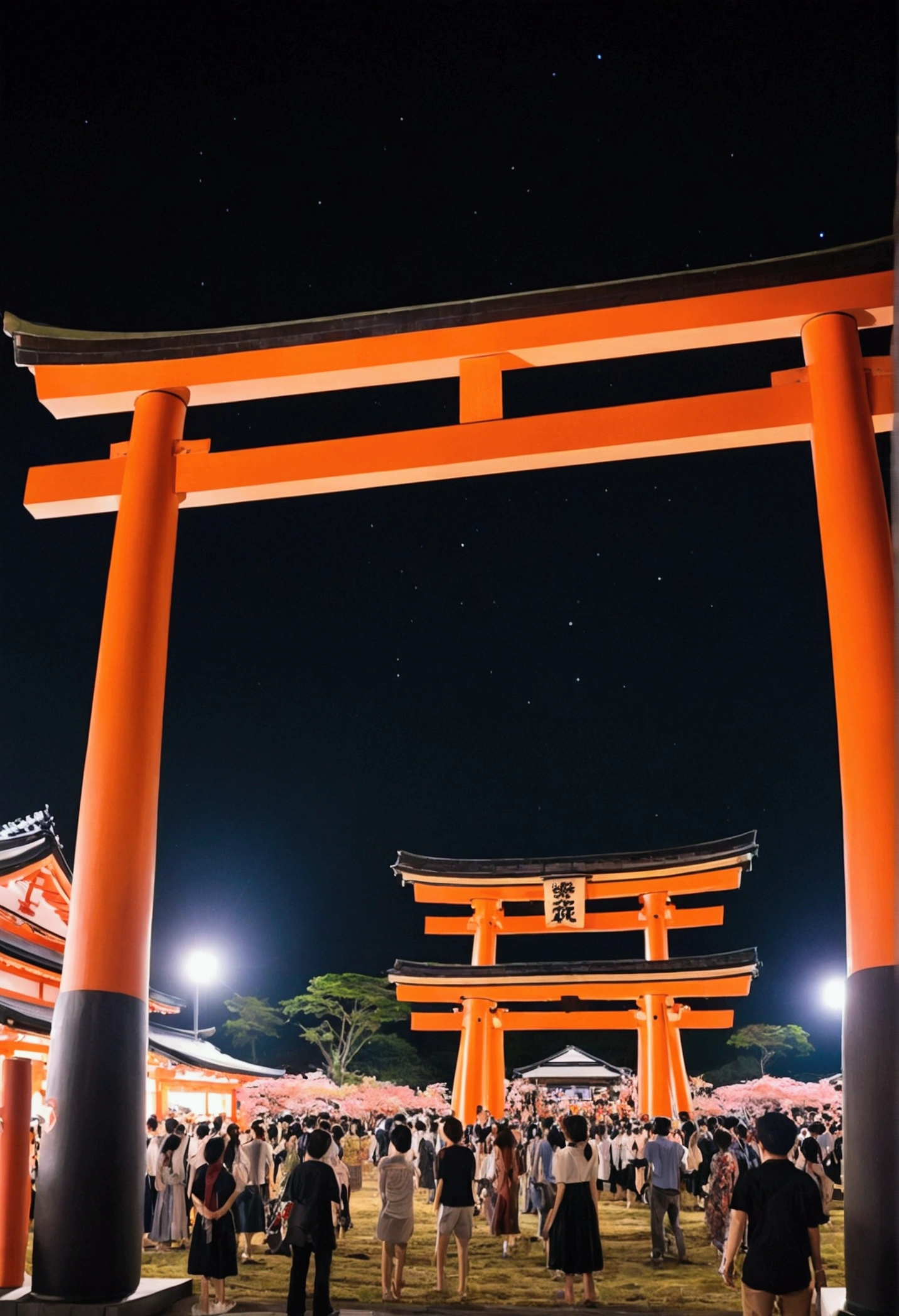 Japan、Festivals、Bon Odori simple stage, 2 stories、Open Stage、wooden、night、Big drum、kitsch、high tech、The plaza surrounding the stage、distinct、Cinematic、Anime influences、ultra modern、Sharp Focus、landscape、shrine、torii
