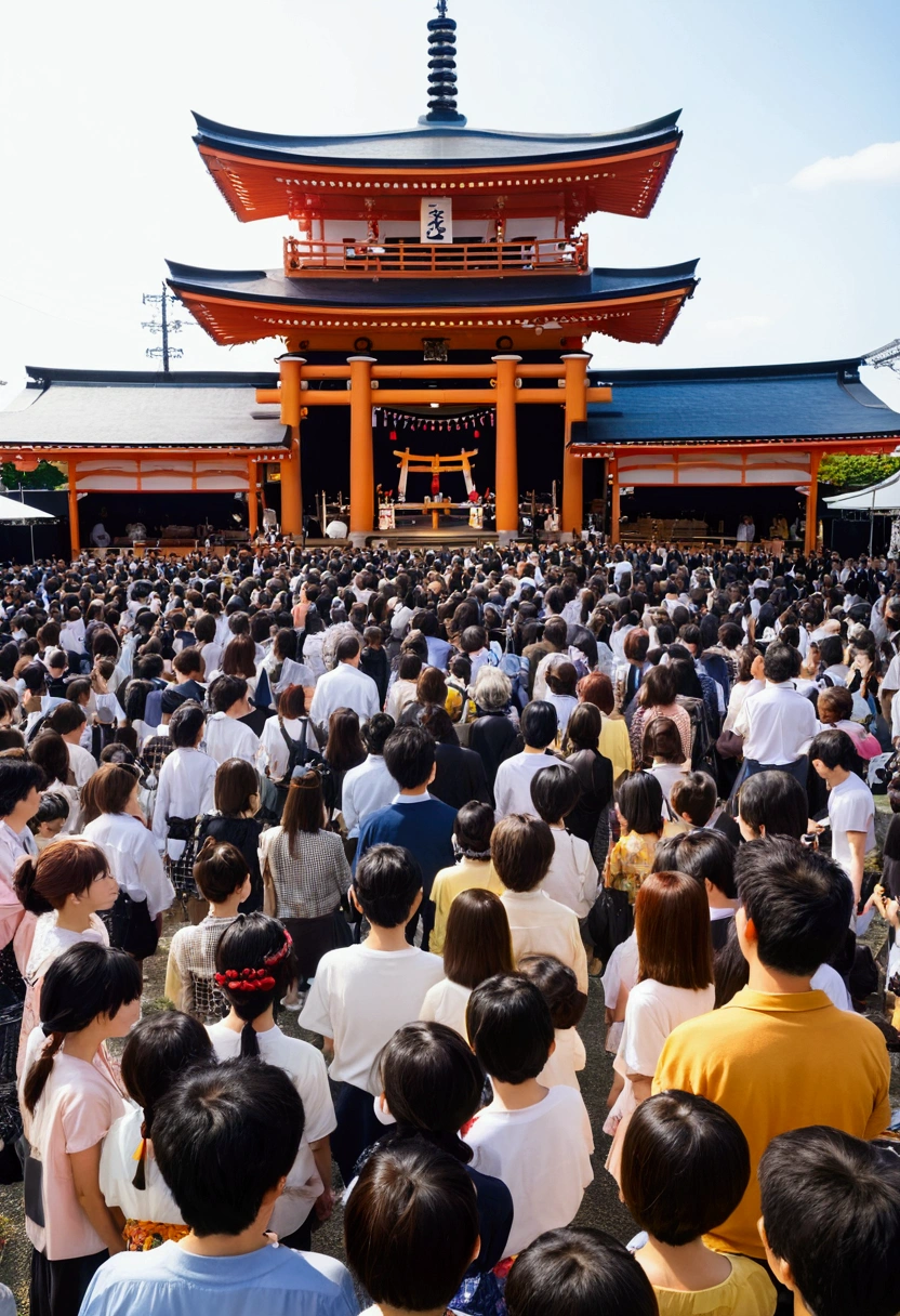 Japan、Festivals、Bon Odori simple stage, 2 stories、Open Stage、wooden、night、Big drum、kitsch、high tech、The plaza surrounding the stage、distinct、Cinematic、Anime influences、ultra modern、Sharp Focus、landscape、shrine、torii
