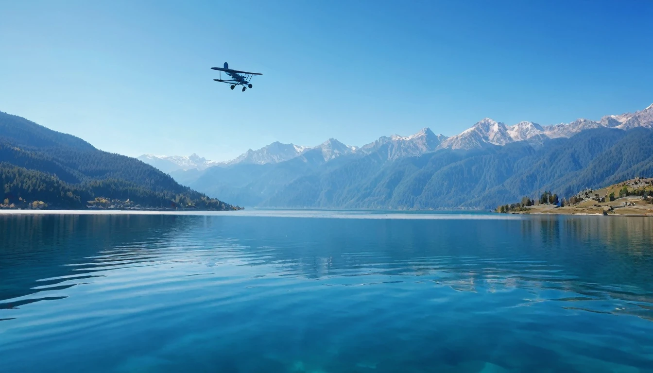 Photo a blue round transparent clear lake against the background of mountains with a propeller plane flying by in sunny weather 8 k