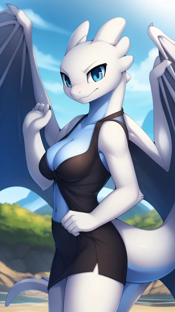 By zinfyu,by twistedscarlet60, uploaded on pixiv, by fluff-kevlar, (masterpiece), (best quality), (solo female:1.2), (extremely detailed:1.3),(detailed eye,blue eye), Lightfury, From how to train you dragon, looking on viewer, dragon face, dragon nose, dragon mouth,two-toned fur, white-Blue, blue belly,Blue front side, beautiful dragon face, dragon, white, white body,small breast,dragon wing,Sharp:1.2, perfect figure beautiful woman:1.4, Hourglass body:1.2, tail,slim ,small belly, wearing black dress, has eyebrows, beautiful eyebrows, long eyebrows, View on viewer, 